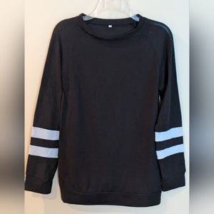 Long sleeve round neck T shirt, Black with bold white stripes on forearms